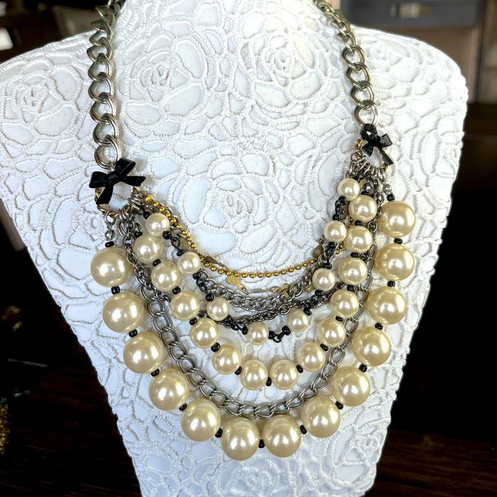 Vintage Betsey Johnson silver pearl crystal layered necklace
